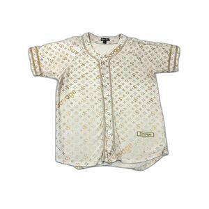 Y2K Monogram Baseball Jersey XL | Bare Fox Gold Print Streetwear Shirt